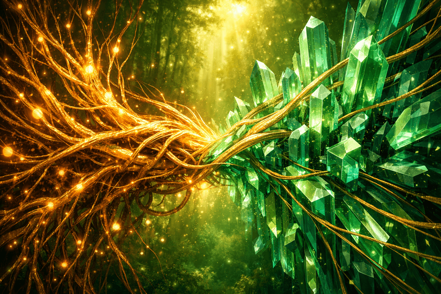 Golden neural tendrils merging with green crystalline structures