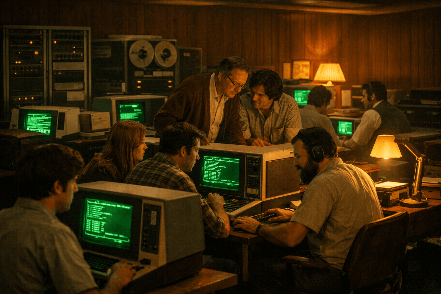 1970s minicomputer lab with green phosphor terminals