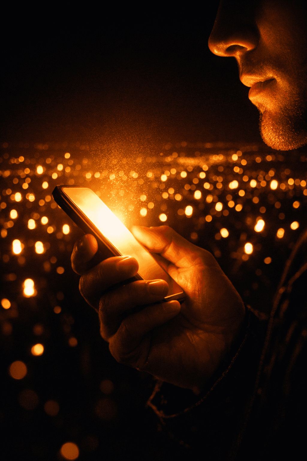Hand holding a glowing smartphone with thousands of lights behind