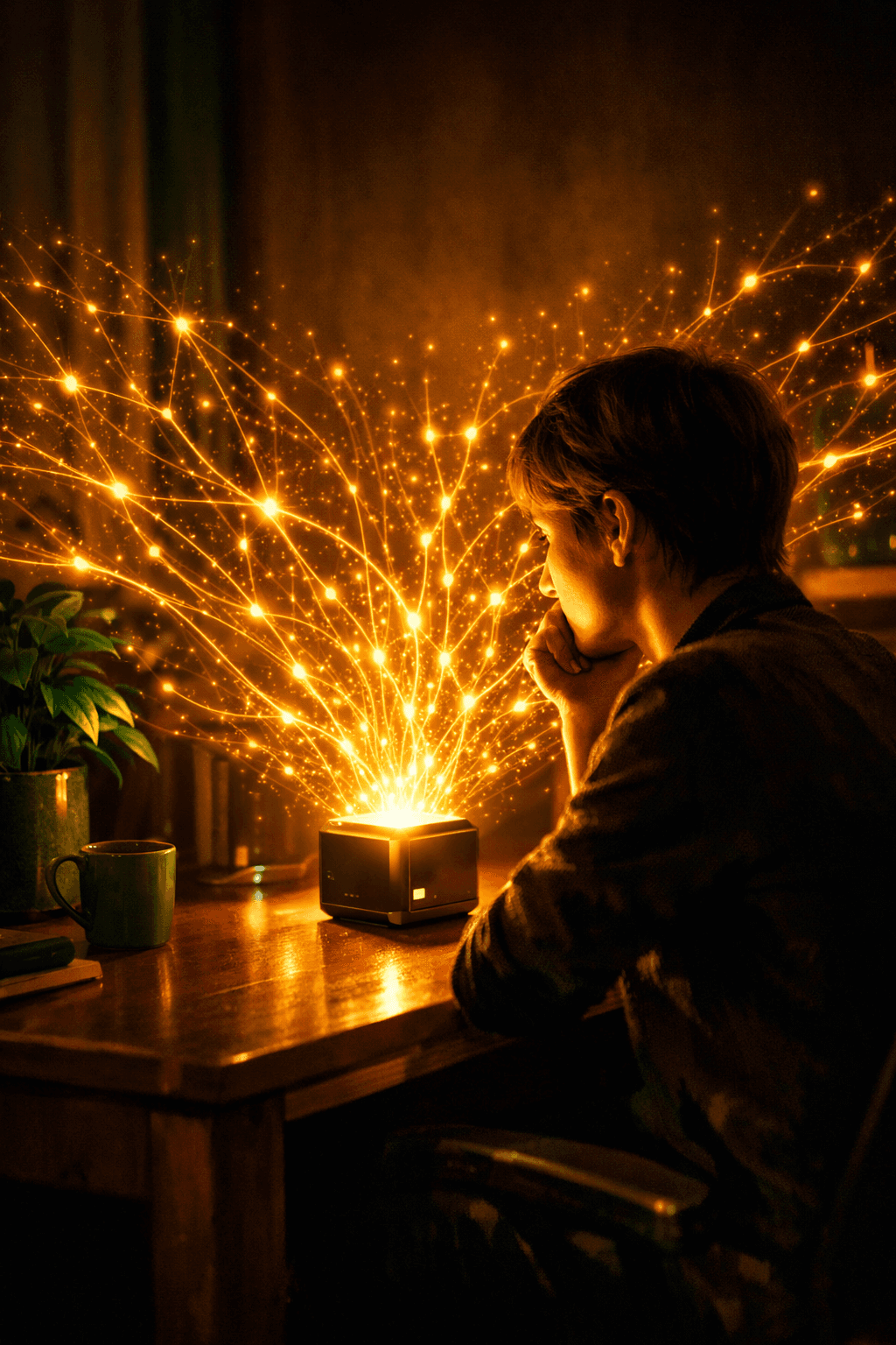 Person at a desk with their own AI device radiating a golden neural network